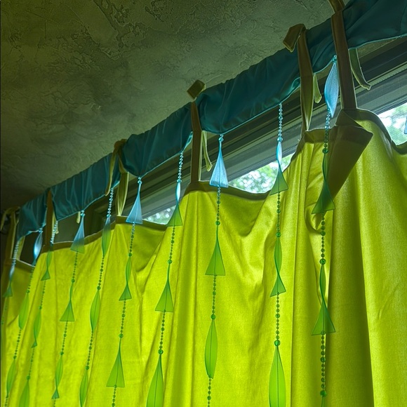 Chartreuse green velour drapes with aqua blue trim and accents - Picture 3 of 6